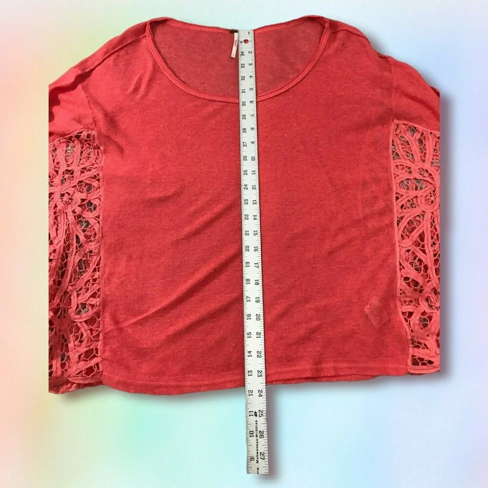 Free People Top‎ S orange/coral oversize sheer lace sides boho Linen Blend mesh